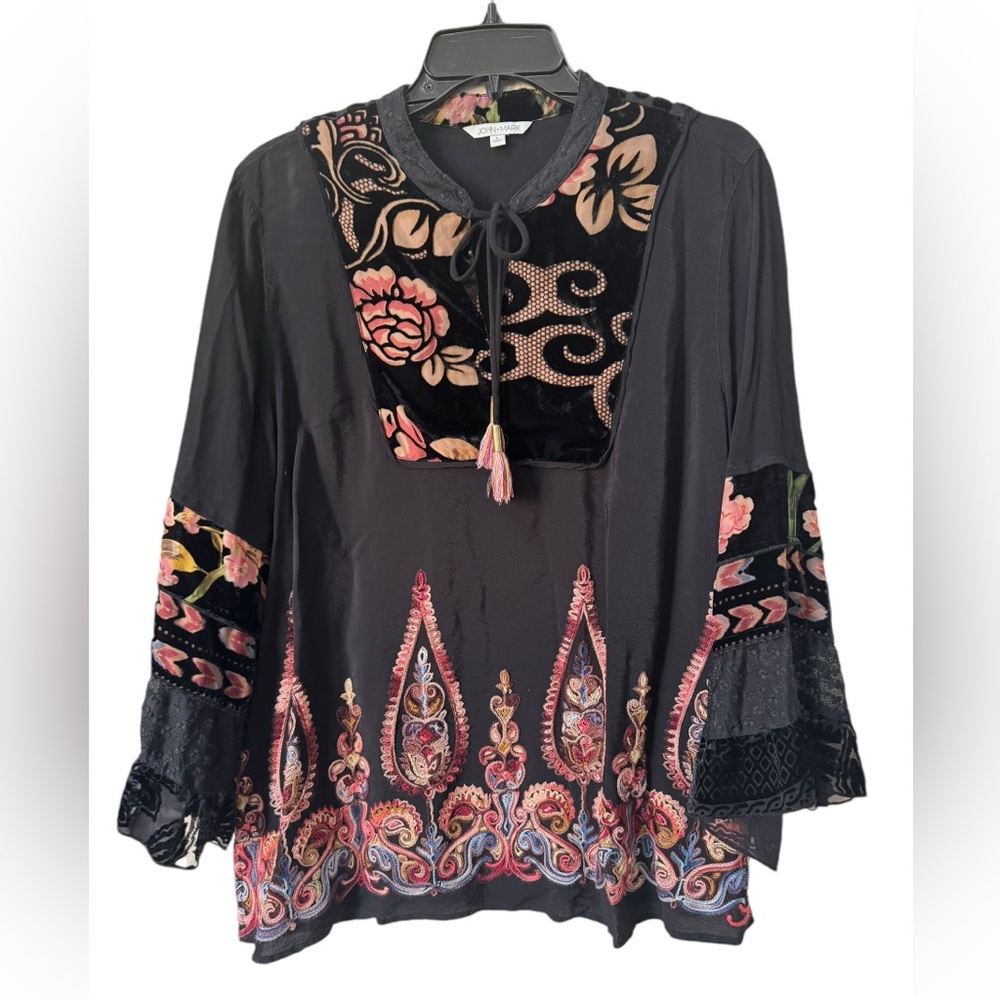 John.Mark black bohemian embroidered/ velvet bell sleeve blouse large
